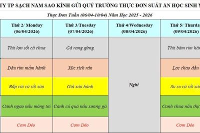 Thực đơn ăn bán trú từ ngày 06/4/2026-10/4/2026